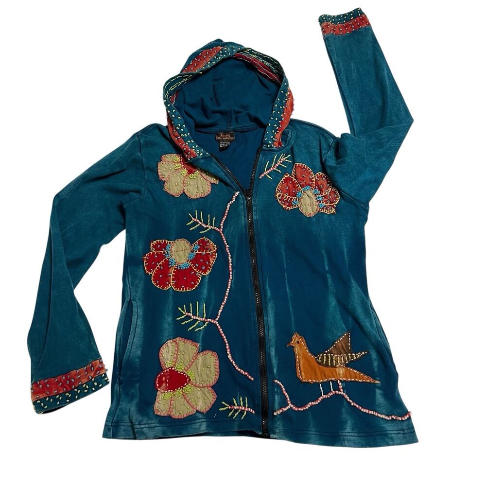 Rising International Women L Teal L /S Full Zip Embroidered Hooded Sweatshirt - Picture 2 of 9